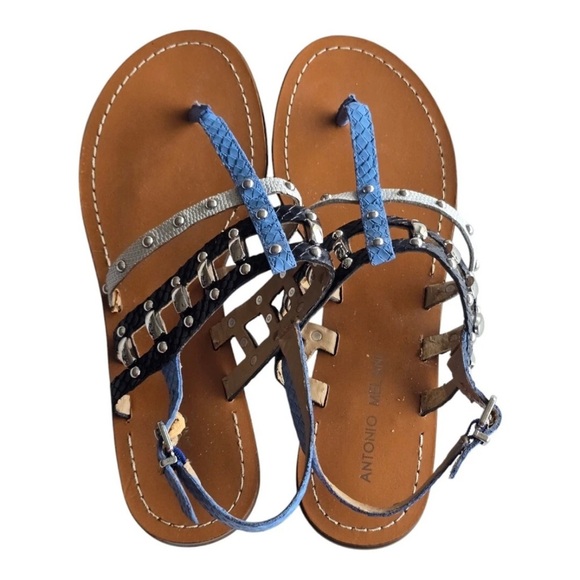 Antonio Melani Sandals Women 9M Mixed Print Buckle Studded Leather Excellent - Picture 4 of 14